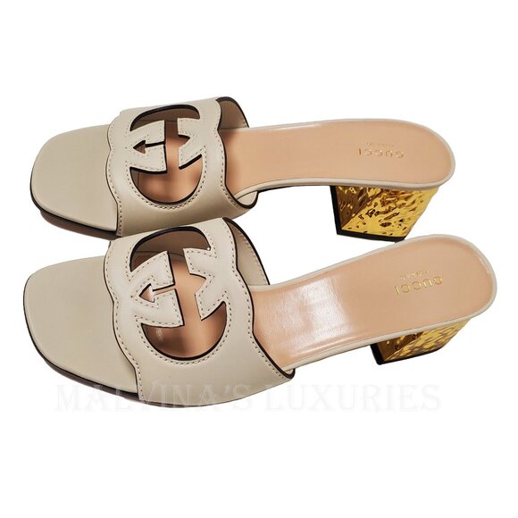 GUCCI SHOES INTERLOCKING G LOGO CUT OUT WHITE LEATHER MULES SANDALS sz 42 12 - Picture 6 of 15